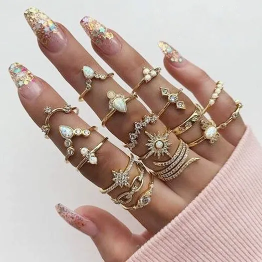 Fashion Octagon Star Drops Crystal Finger Ring Set (17 pcs)